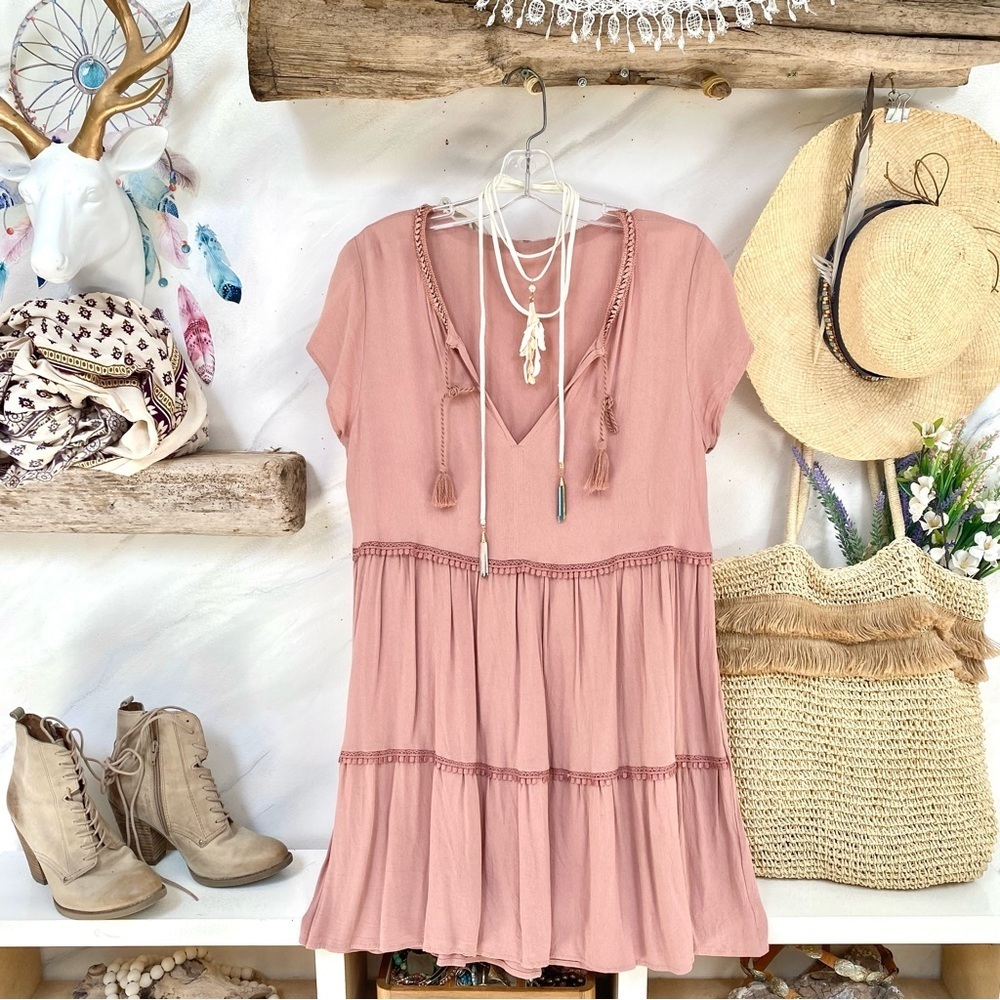 Trendy dusty rose boho mini dress/tunic w shabby chic prairie beach vibe